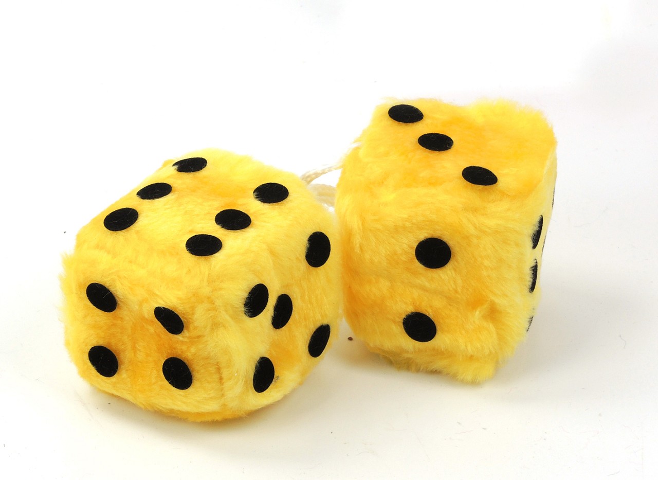 Glückswürfel Fuzzy Dice 5 cm gelb (4 Stück / 2 Paar)