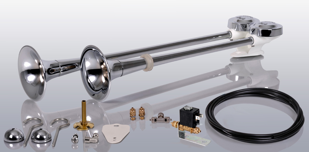 Compressed air double horn 64/54 cm + 12 V solenoid valve + tube