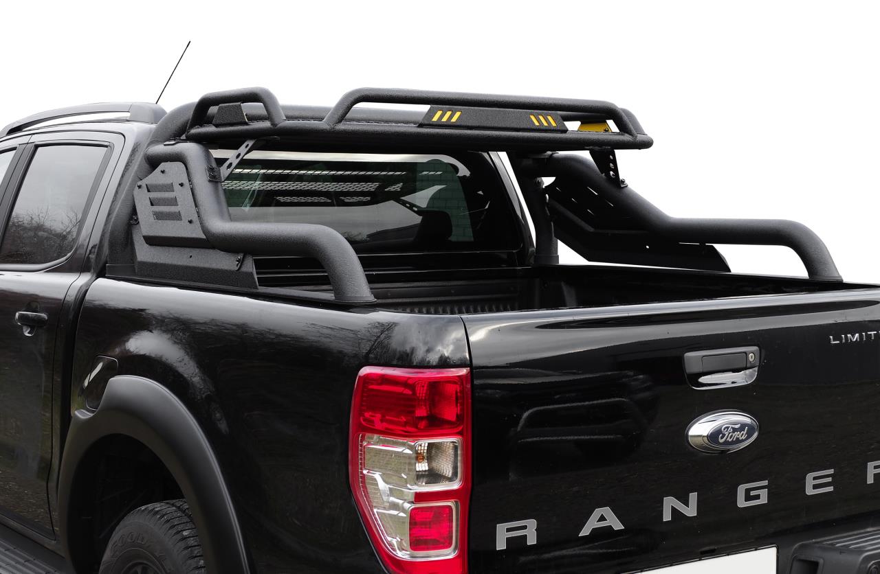 Black Stealth roll bar with luggage basket suitable for Ford Ranger (2012-2018).