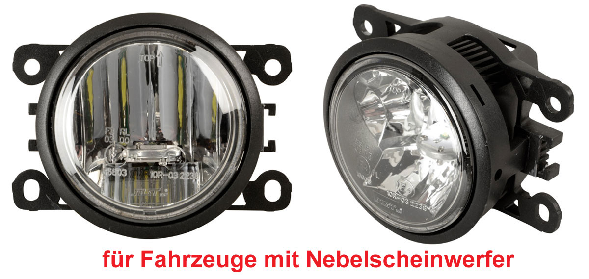 LED Einbau Tagfahrlichter + Nebelscheinwerfer 90 mm passend für diverse Renault Modelle mit serienmäßigen Nebelscheinwerfern