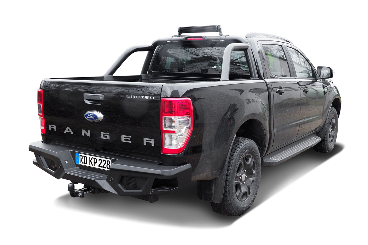 Black Stealth Steel Rear Bumper suitable for Ford Ranger (2012-2022) + trailer coupling extension