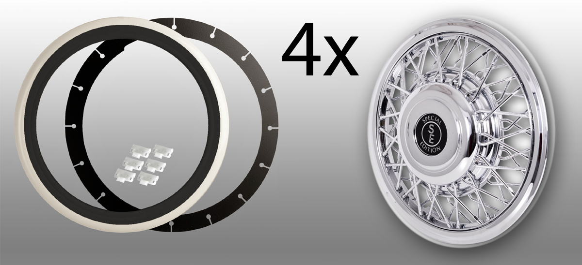 Radzierblenden - verchromt - 4 Stück - 15 Zoll - mit Weißwandringen (schwarz/weiß) - passend für Stahlfelgen