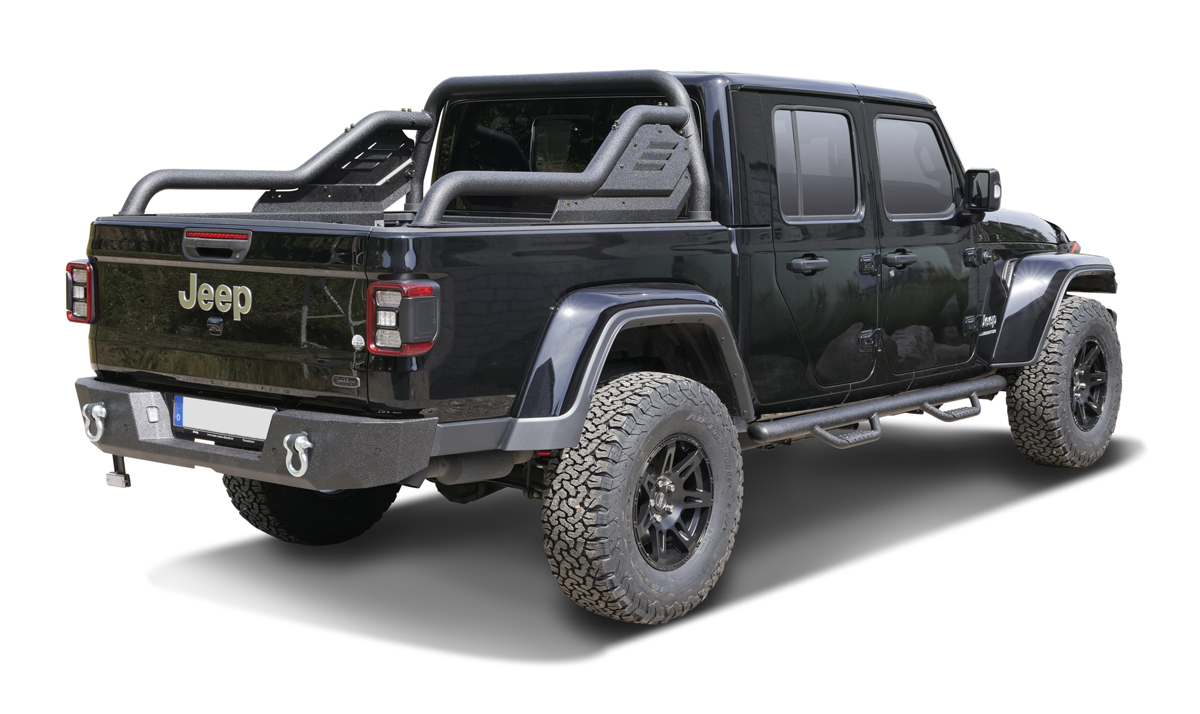 Black Rock Stahlheckstoßstange mit Öffnungen für PDC-Sensoren passend für Jeep Gladiator JT (2019-)